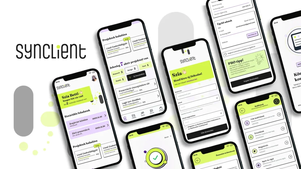 Synclient ügyfélportál mobilos mockupja, bejelntkezési felületek
